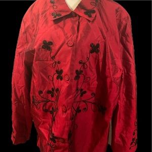 “SILKLAND WOMAN” SILKY RED FLORAL BEADED LONG BLOUSE.